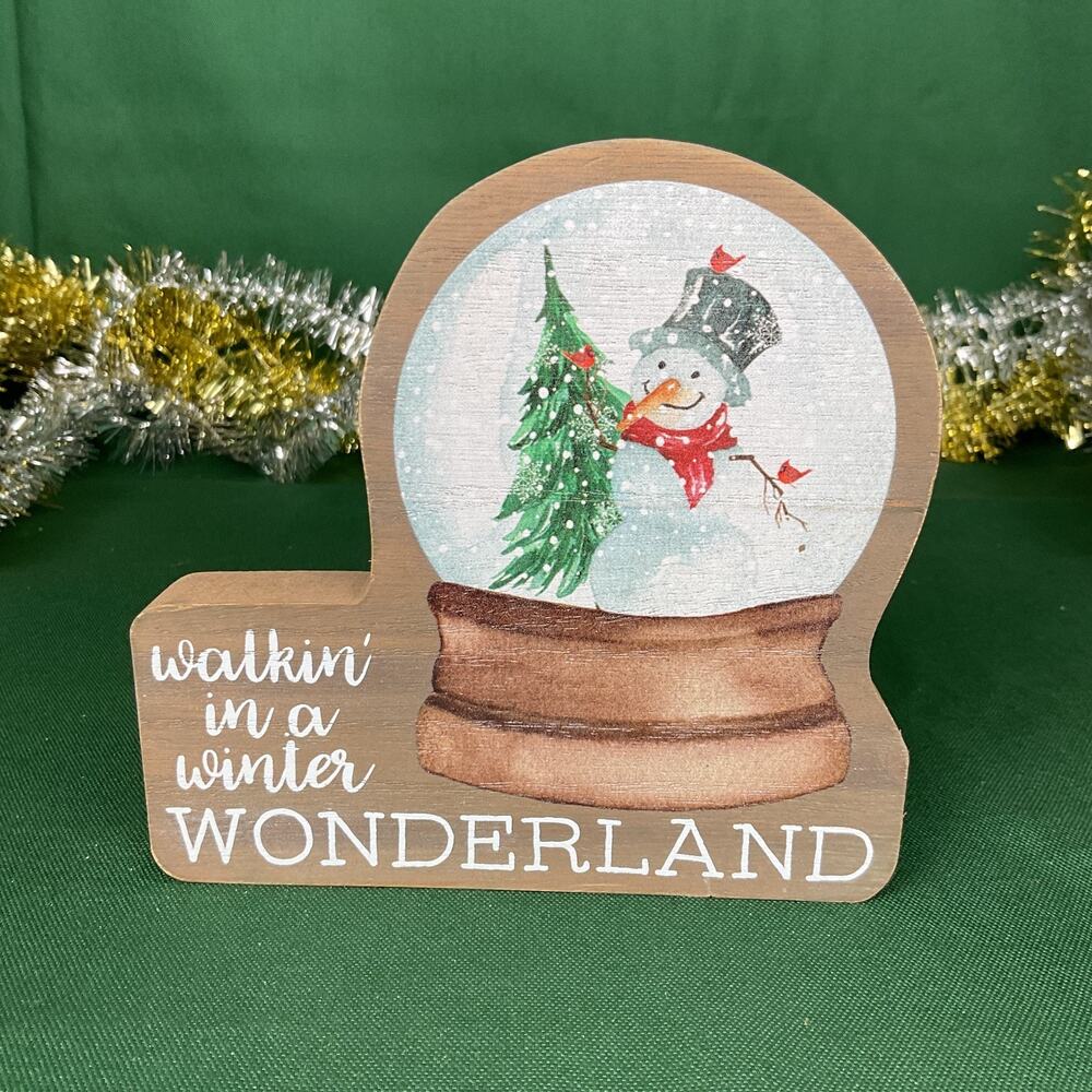 Wooden Winter Wonderland Snow Globe Snowman Christmas Block Sitter Sign